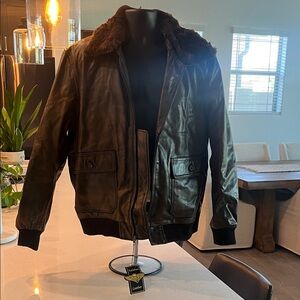 Men's Leather Bomber Jacket with Fur Collar